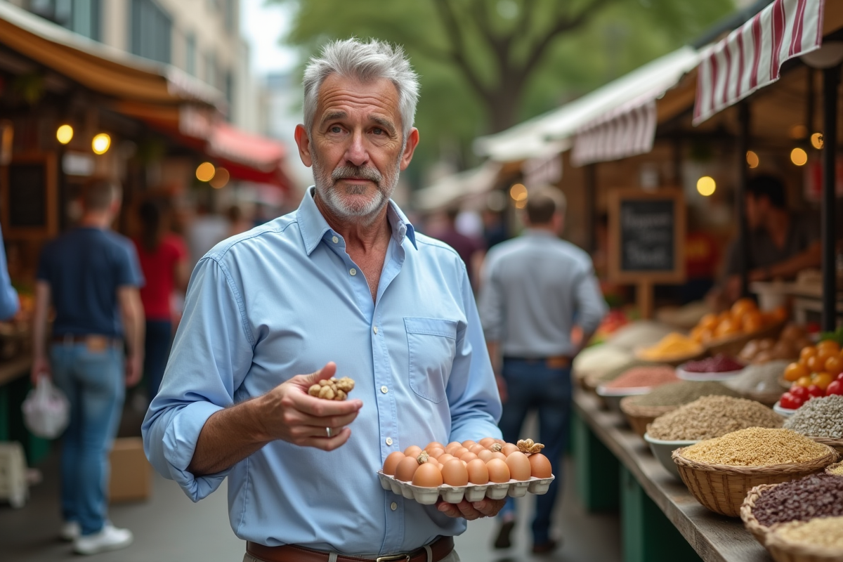Homme au marché urbain avec œufs et noix en main
