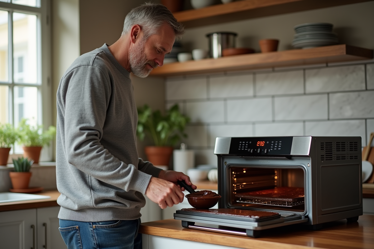Homme remuant du chocolat fondu dans une cuisine chaleureuse