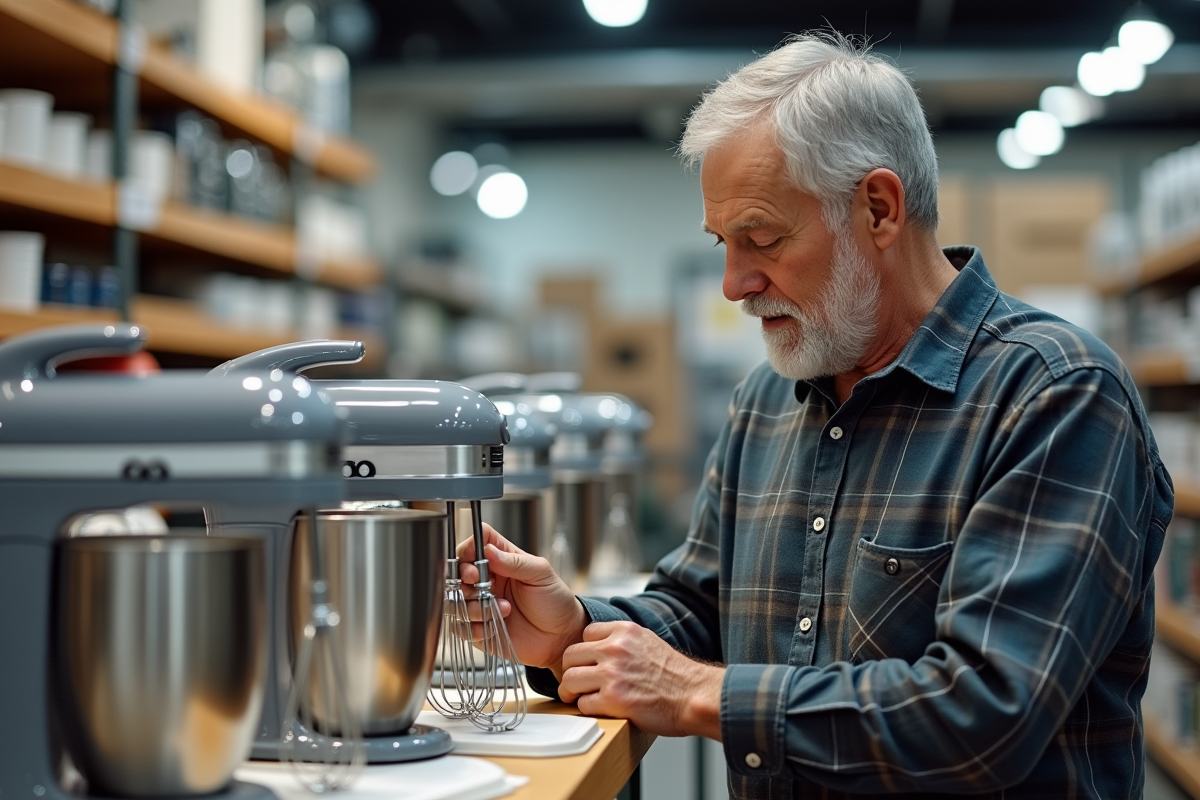 Homme âgé comparant deux mixeurs électriques en magasin