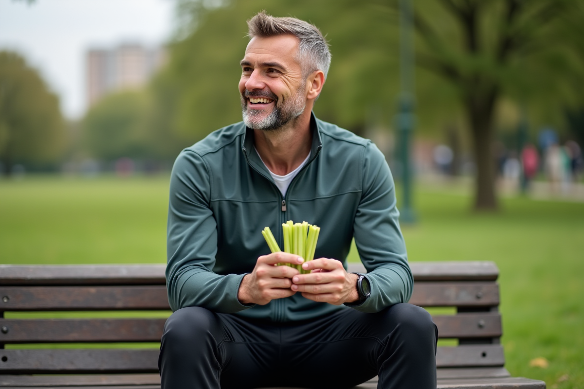 Homme assis dans un parc avec céleri en main