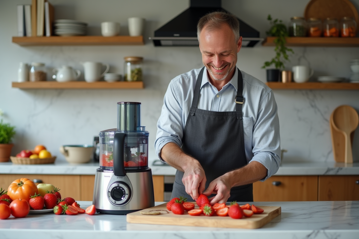 Homme coupant des fraises pour une compote dans la cuisine