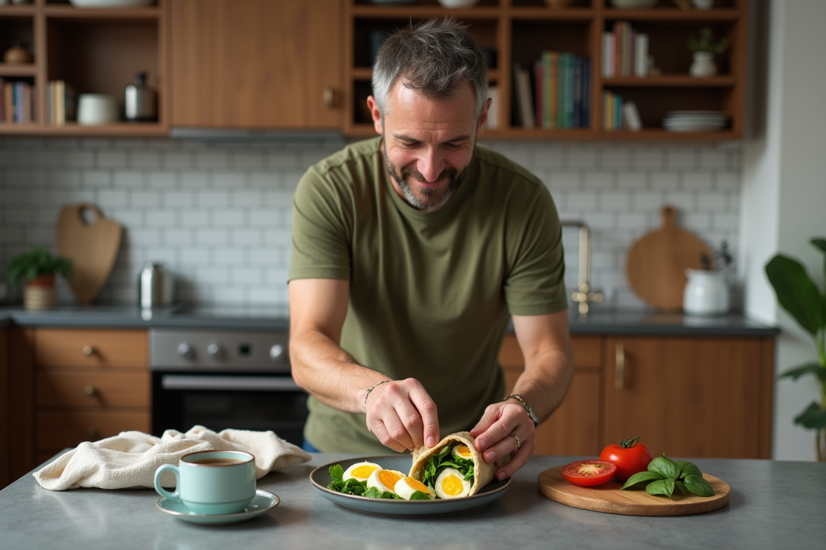 Homme préparant un wrap santé dans une cuisine chaleureuse