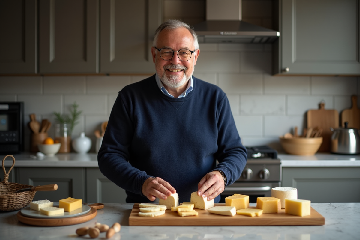 Homme prépare un plateau de fromages sans gluten à la maison
