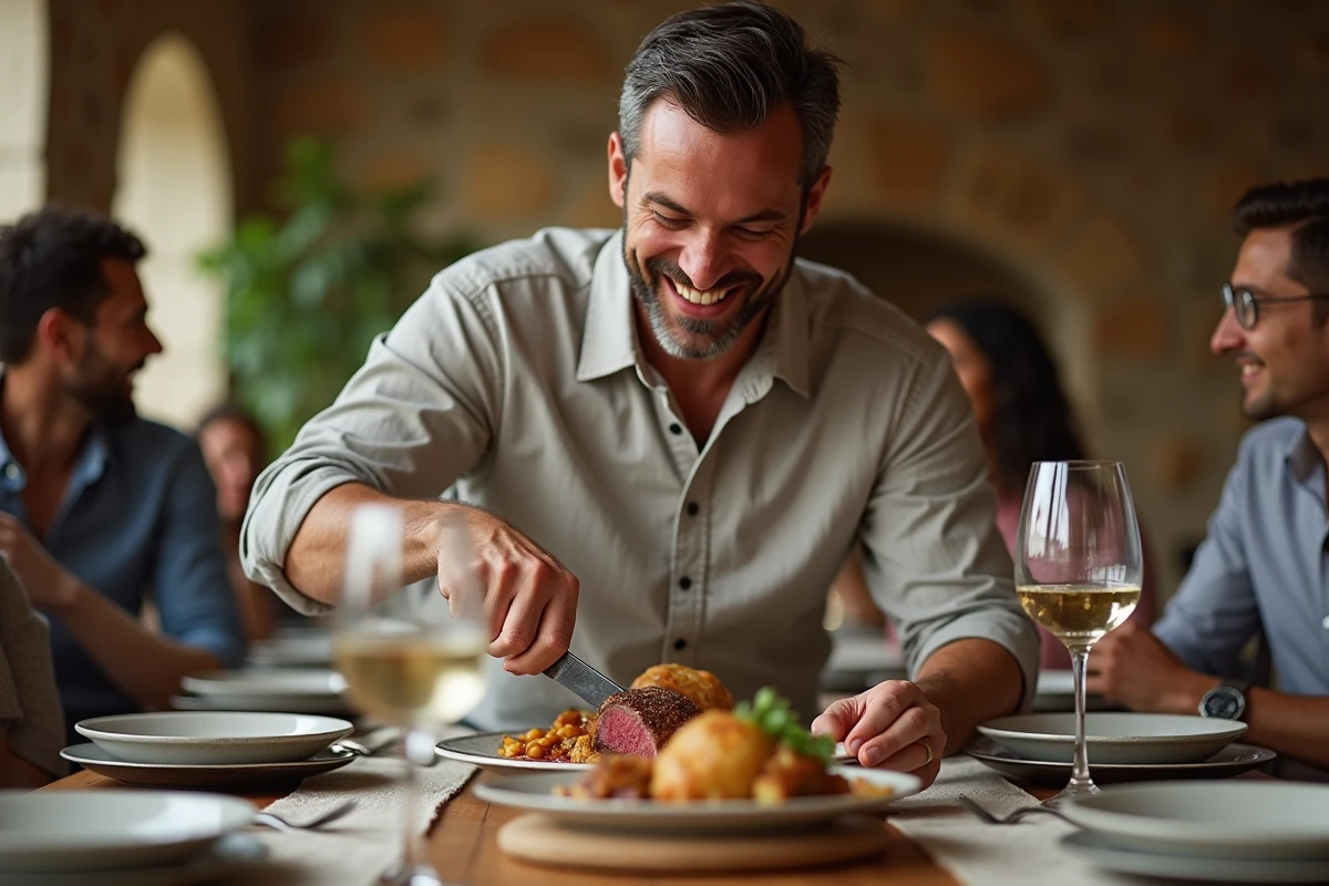 Homme souriant coupant un filet mignon en croûte de sel à table