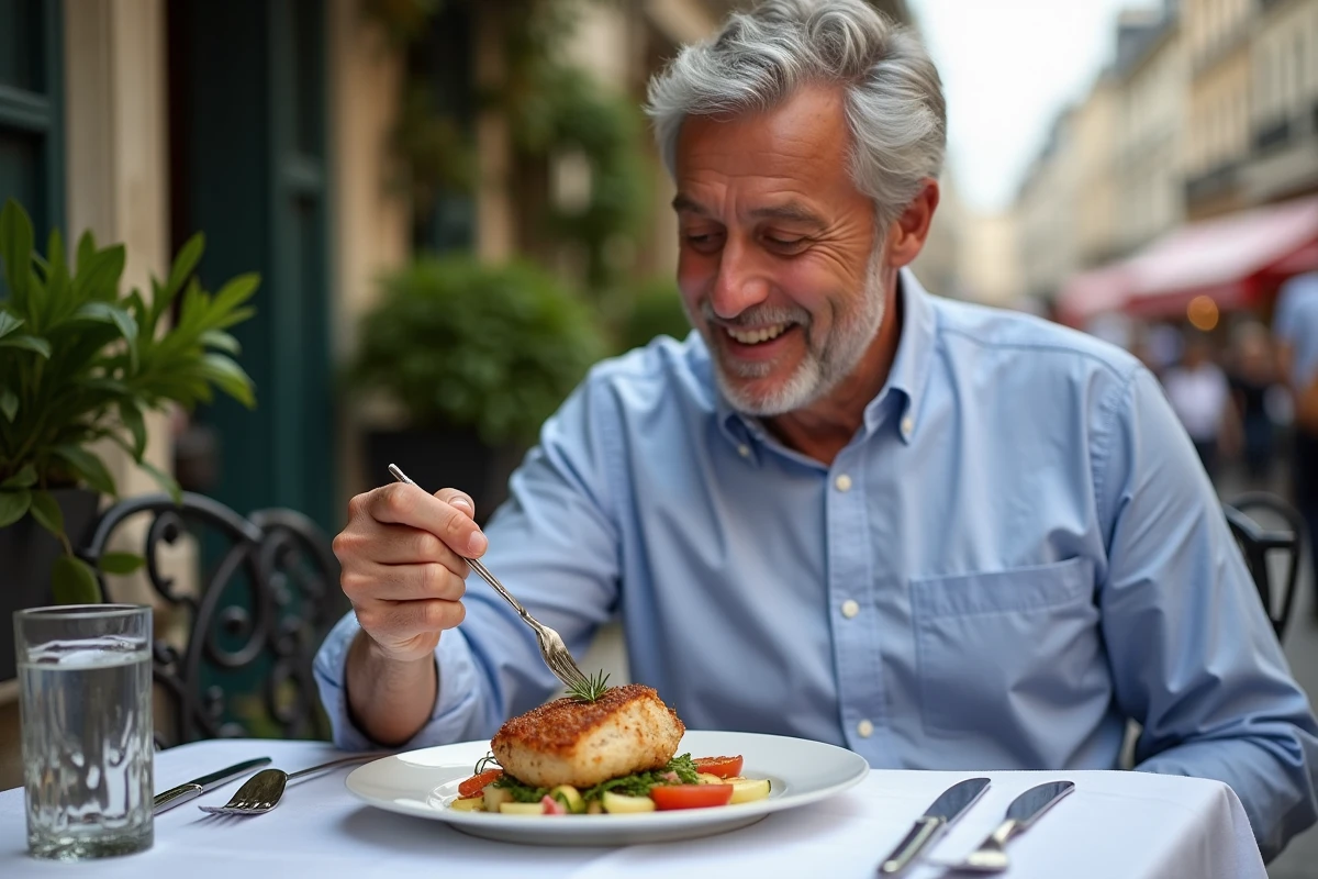 Homme d&eacute;gustant un veau paupiette en terrasse parisienne en ext&eacute;rieur