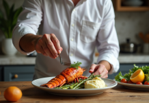 Les accompagnements incontournables pour un homard d’exception Homme en chemise blanche servant du homard avec asperges