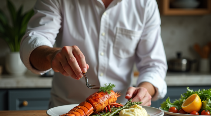 Homme en chemise blanche servant du homard avec asperges
