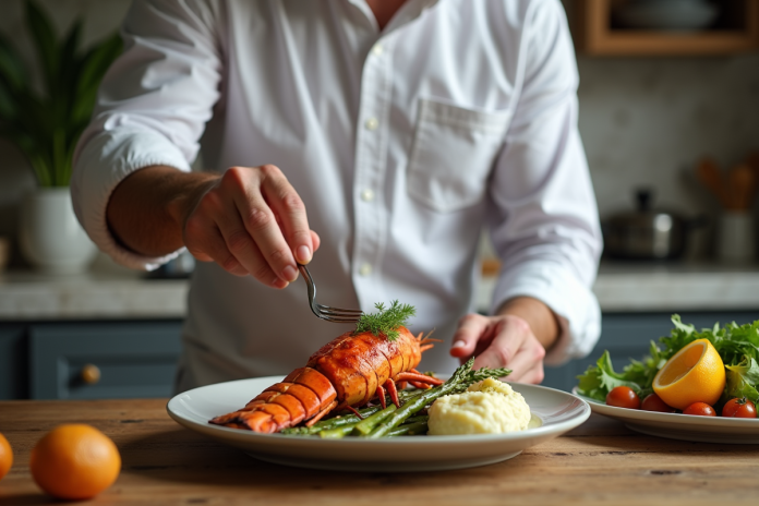 homme-servant-lobster-asparagus Homme en chemise blanche servant du homard avec asperges