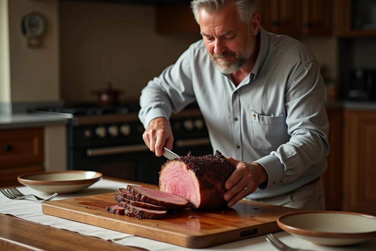 Homme tranchant un r&ocirc;ti dans une salle &agrave; manger chaleureuse