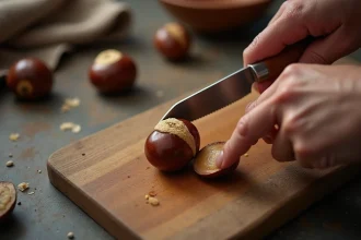 Mains féminines incisant une châtaigne crue avec un couteau d'office sur une planche en bois rustique