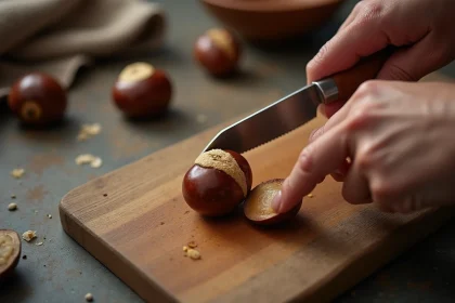 Mains féminines incisant une châtaigne crue avec un couteau d'office sur une planche en bois rustique
