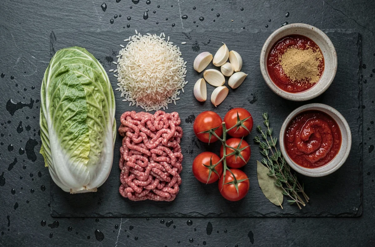 Ingrédients pour choux farcis maison disposés en flat lay sur ardoise : chou, boeuf haché, riz, tomates et herbes
