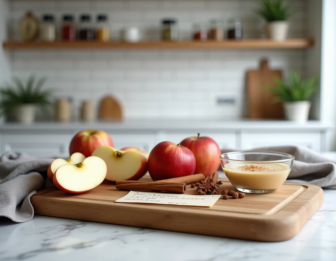 Ingrédients pour crépiaux aux pommes aux épices d'hiver disposés sur une planche en bois avec carte de recette manuscrite