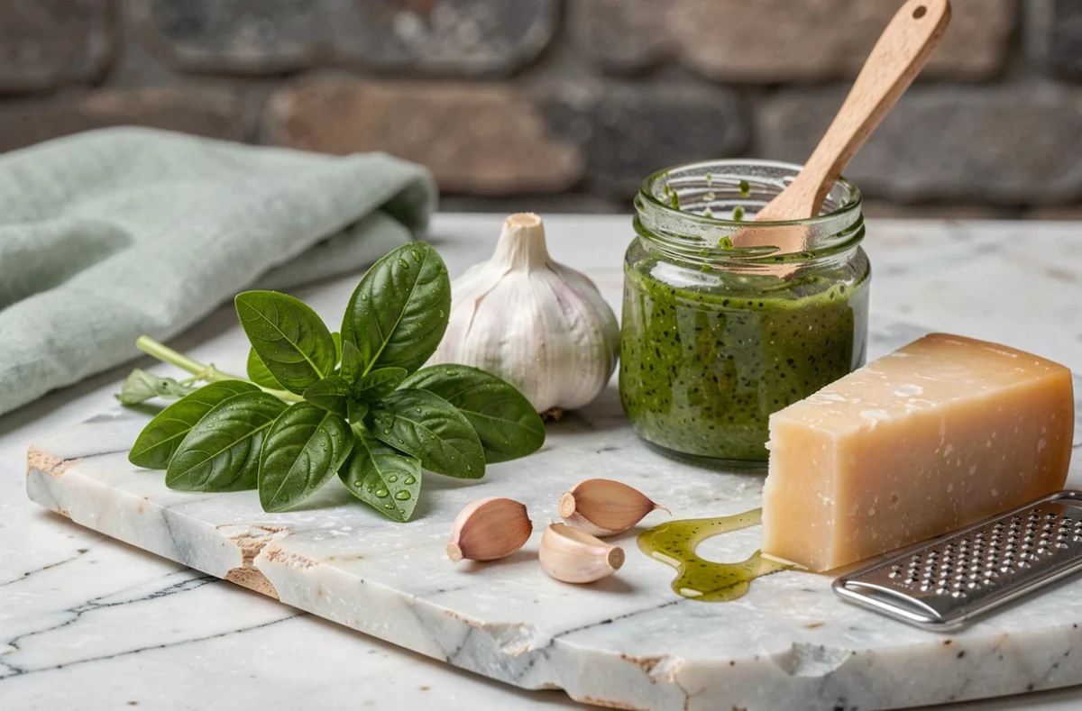 Ingrédients du pistou provençal maison disposés sur marbre : basilic frais, ail, parmesan et pot de sauce verte à l'huile d'olive