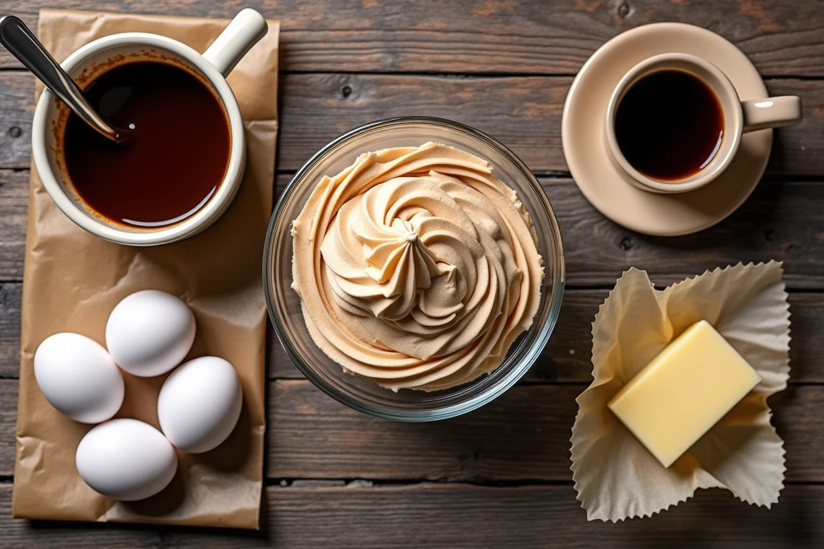 Vue de dessus des ingrédients pour la recette du gâteau opéra avec crème au beurre café sur une table en bois rustique