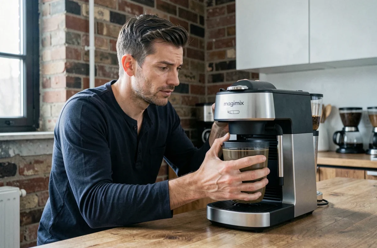 Homme inspectant le réservoir d'eau d'une machine Nespresso Magimix avant l'opération de détartrage