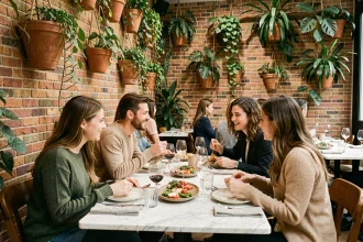 Salle intérieure du restaurant Ober Mamma à Paris avec décor végétal, murs en brique et tables en marbre
