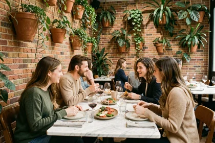 Salle intérieure du restaurant Ober Mamma à Paris avec décor végétal, murs en brique et tables en marbre
