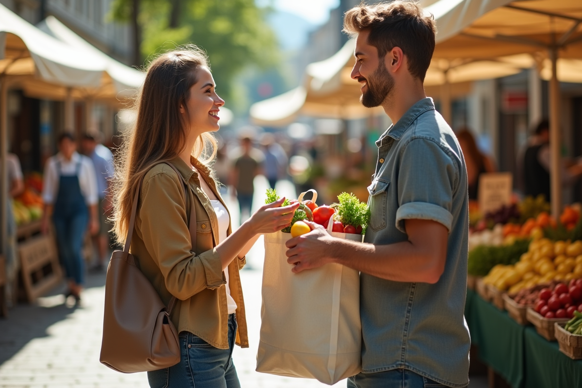Jeune couple échangeant des produits locaux au marché urbain