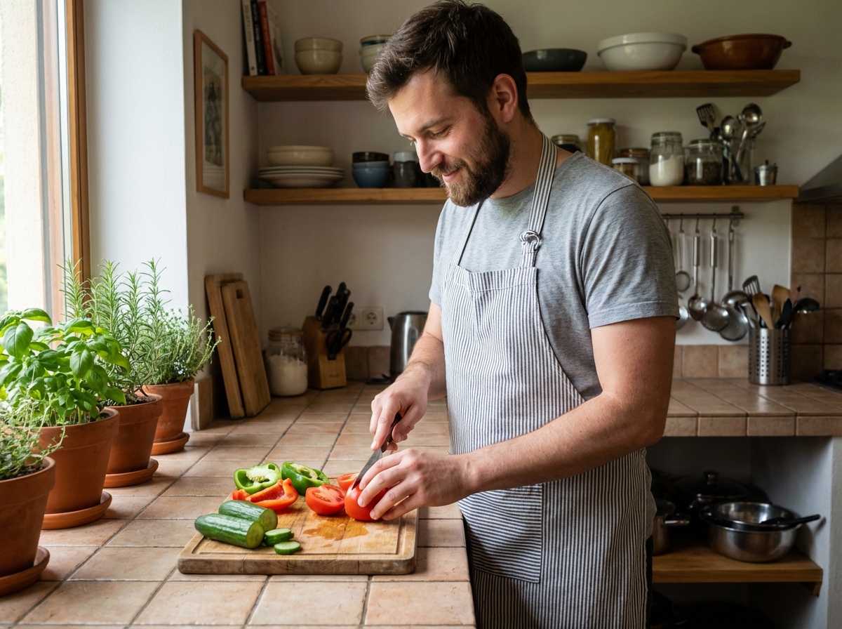 Jeune homme coupant une tomate dans une cuisine chaleureuse