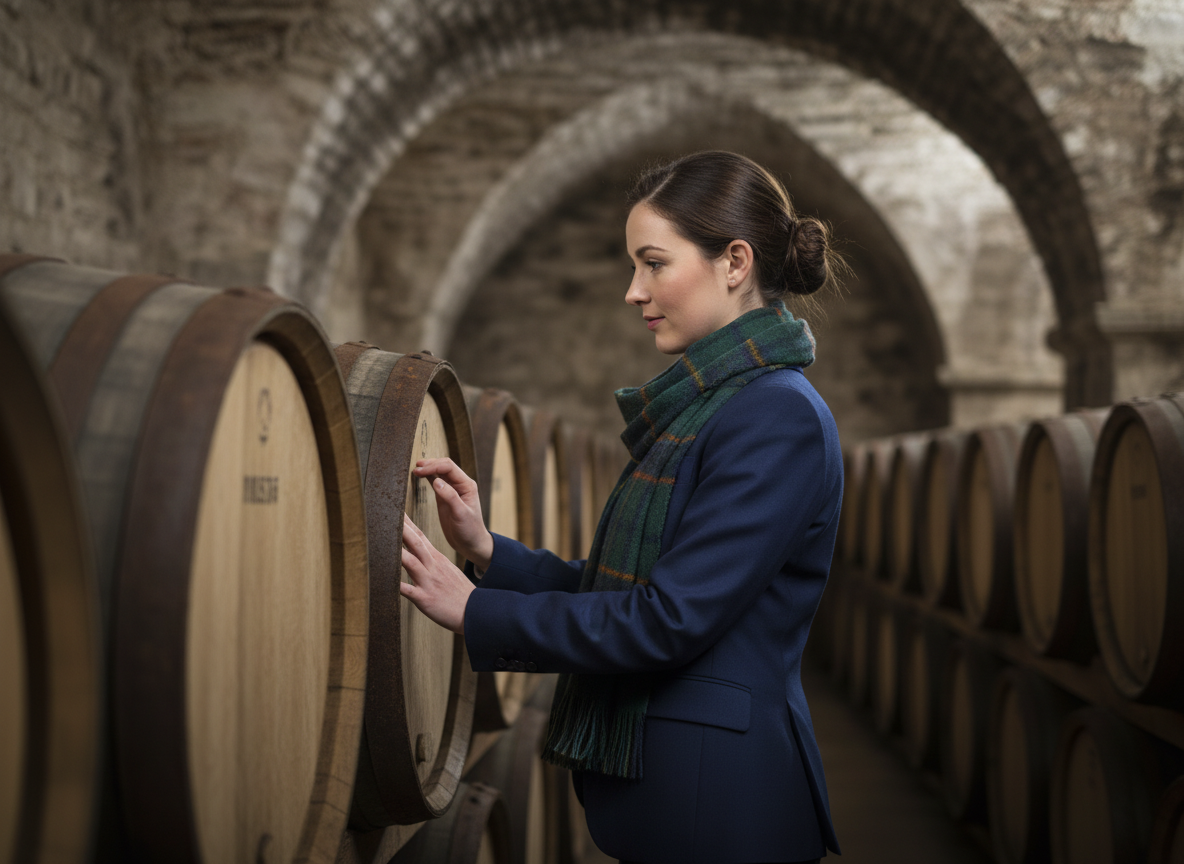 Jeune femme irlandaise inspectant des fûts de whisky en cave