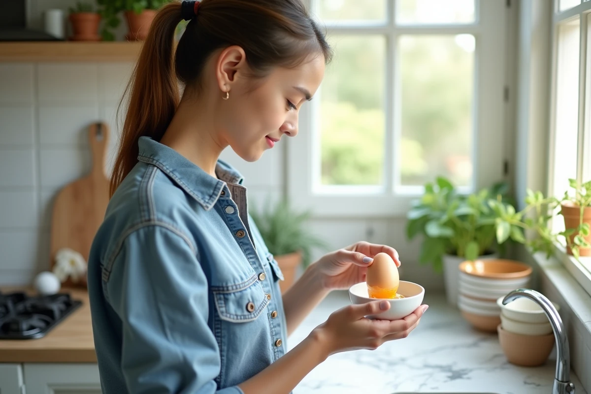 Jeune femme examinant un &oelig;uf dans un bol en cuisine lumineuse