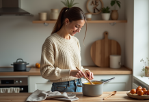 Purée Mousline pour deux personnes : conseils de préparation essentiels Jeune femme en cuisine préparant de la purée Mousline