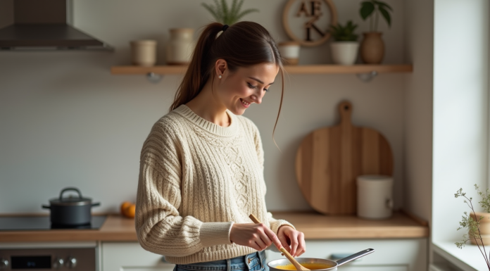 Jeune femme en cuisine préparant de la purée Mousline