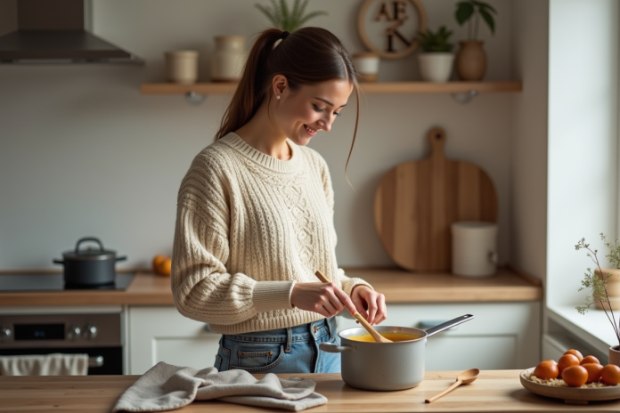 jeune-femme-cuisine-puree-mousline Jeune femme en cuisine préparant de la purée Mousline