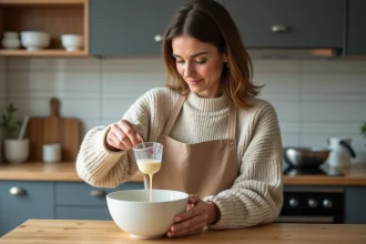 Jeune femme verse 10 ml d'un liquide dans un bol en cuisine