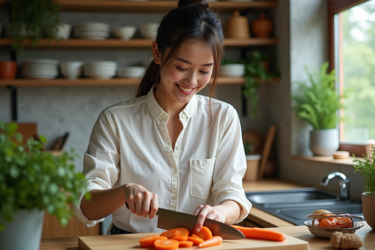 Jeune femme coupant des carottes avec un nakiri dans la cuisine