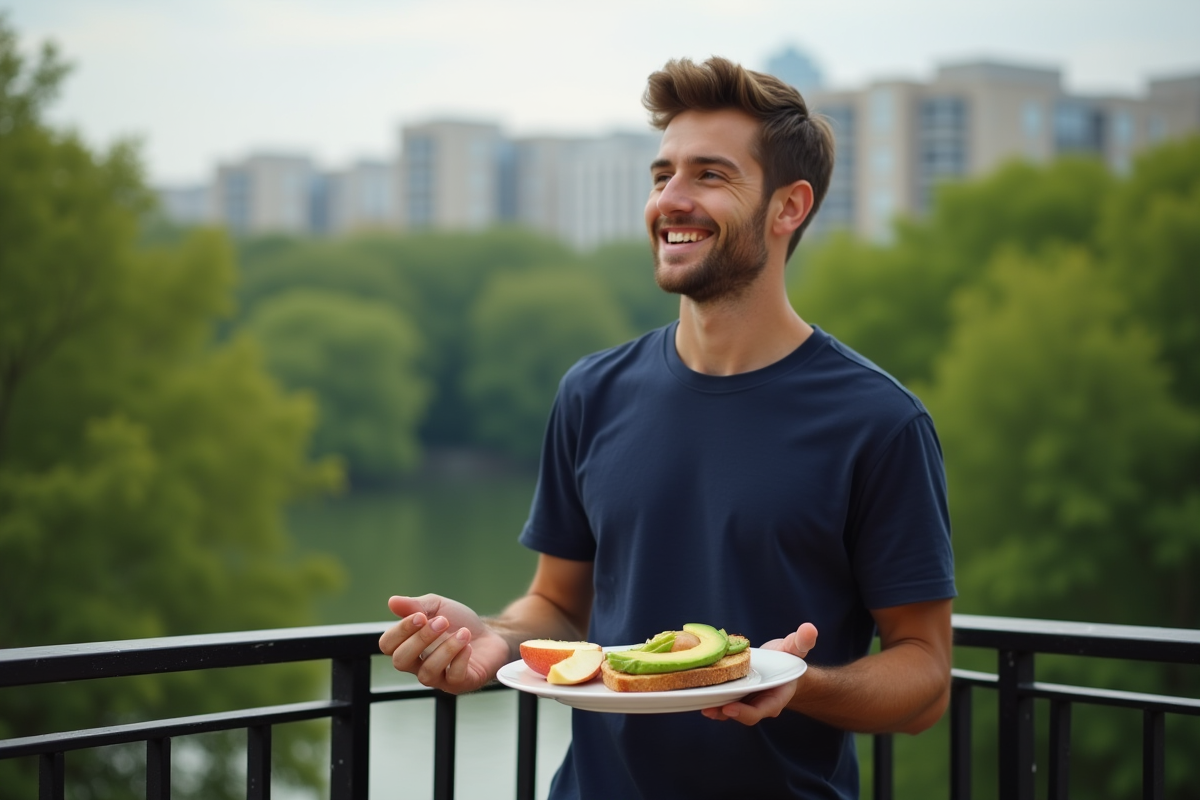 Jeune homme souriant avec toast à l