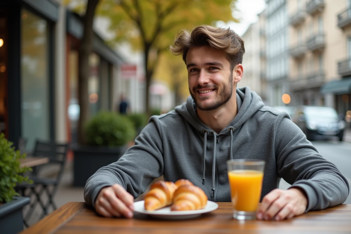 Jeune homme dégustant un petit déjeuner sain en extérieur