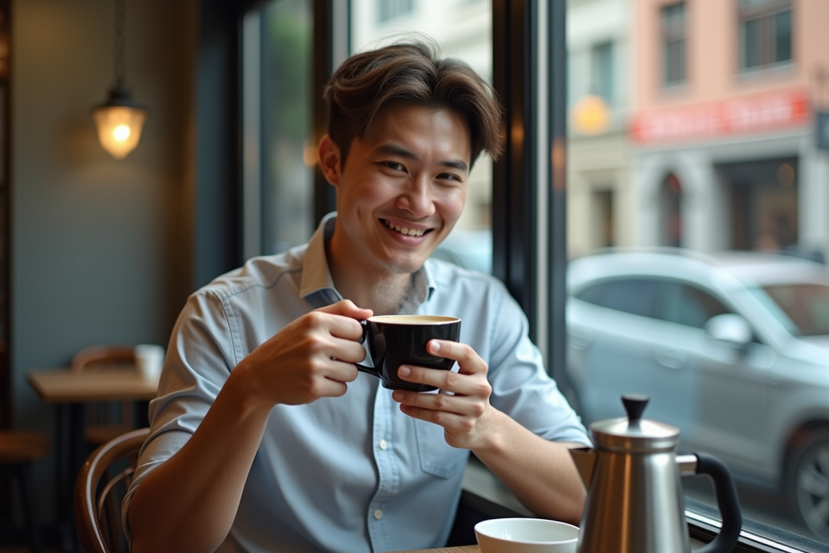 Jeune homme souriant tenant une tasse de café dans un café urbain