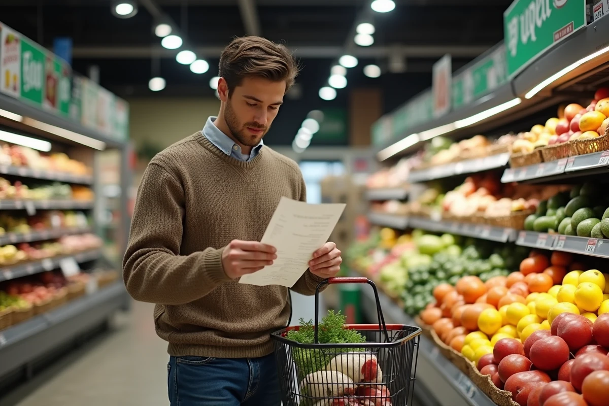 Jeune homme examinant un reçu dans un rayon de supermarché