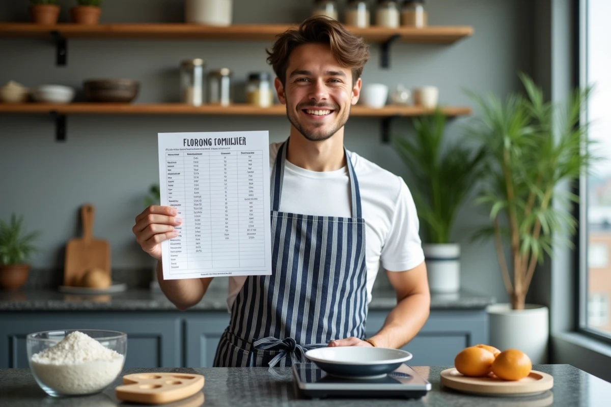 Jeune homme tenant un tableau de conversion de farine