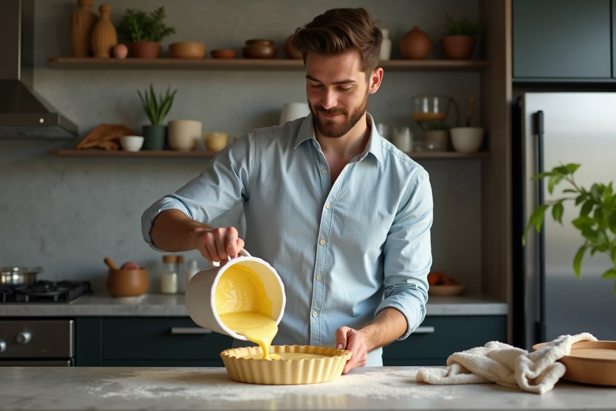 Jeune homme versant la garniture dans un moule &agrave; tarte
