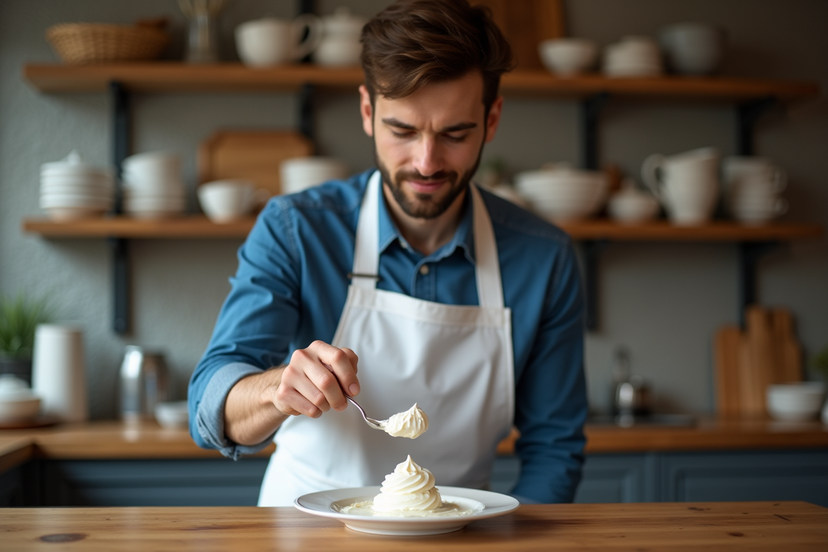 Jeune homme dressant la creme sur un dessert