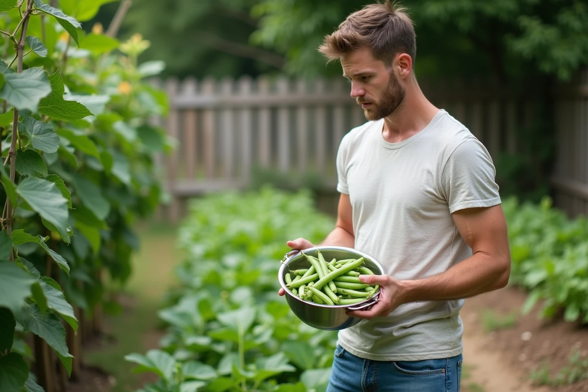 Jeune homme dans le jardin r&eacute;coltant des f&egrave;ves vertes