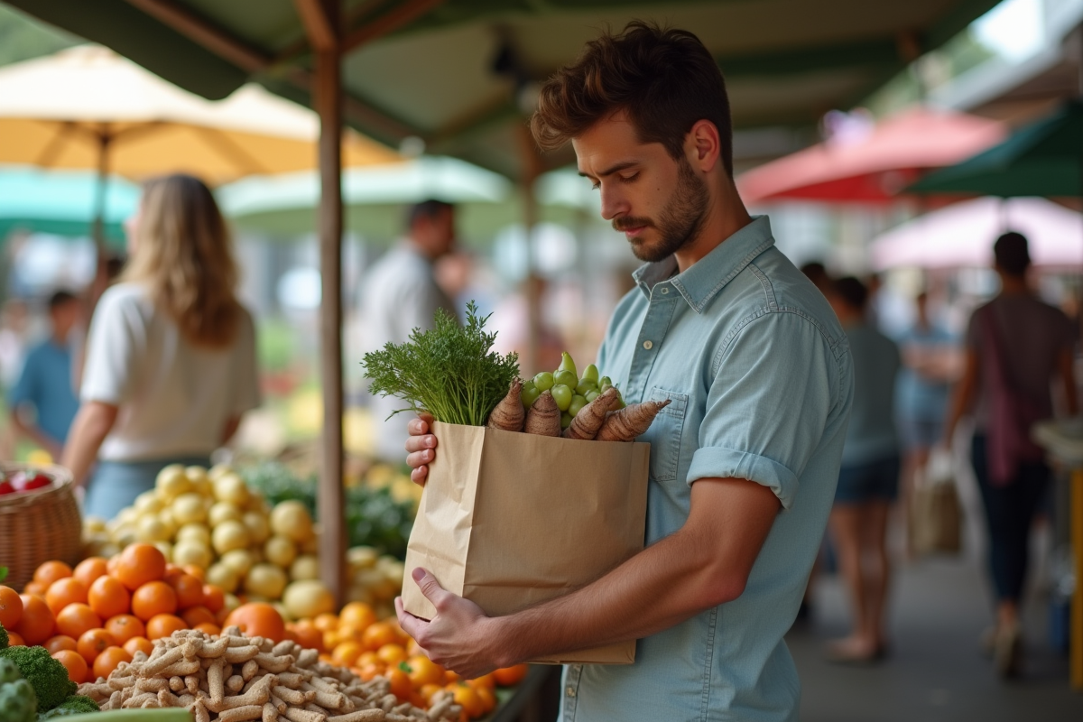 Jeune homme au marché avec légumes et aliments transformes