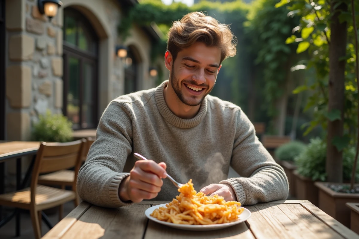 Jeune homme d&eacute;gustant un r&ouml;sti &agrave; l&rsquo;ext&eacute;rieur sur une terrasse