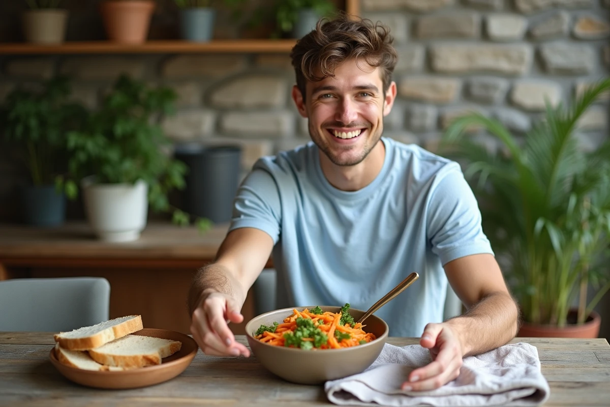 Jeune homme servant une salade de carottes dans un cadre convivial