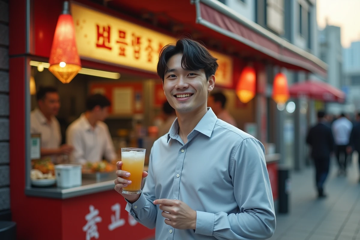 Jeune homme avec soju devant un stand de street food