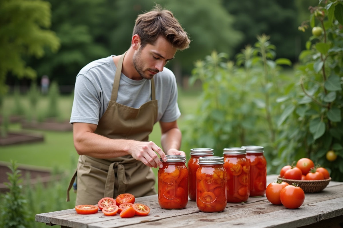 Jeune homme inspectant des bocaux de tomates en extérieur
