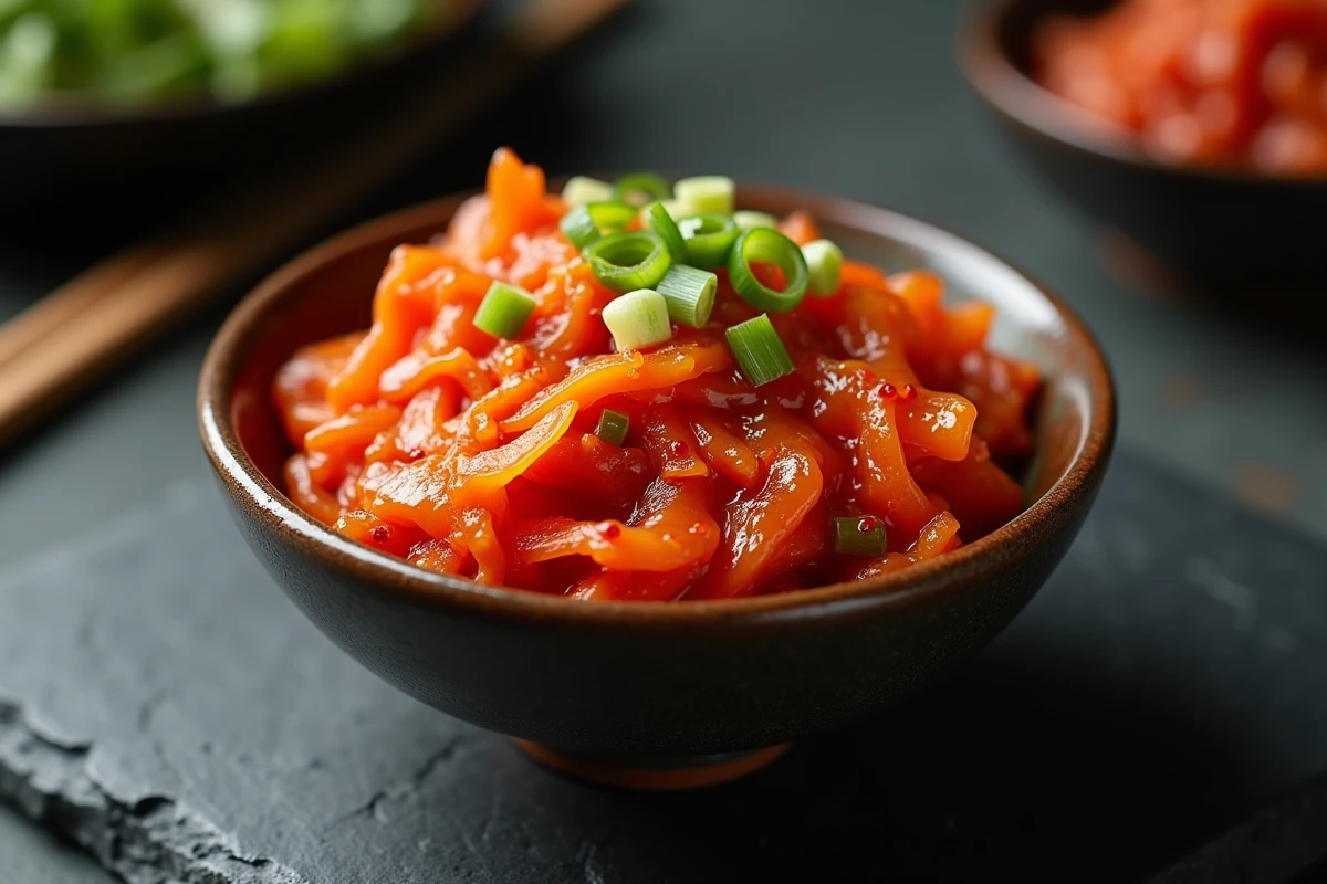 Bol de kimchi fermenté avec des feuilles de chou napa et des flocons de gochugaru
