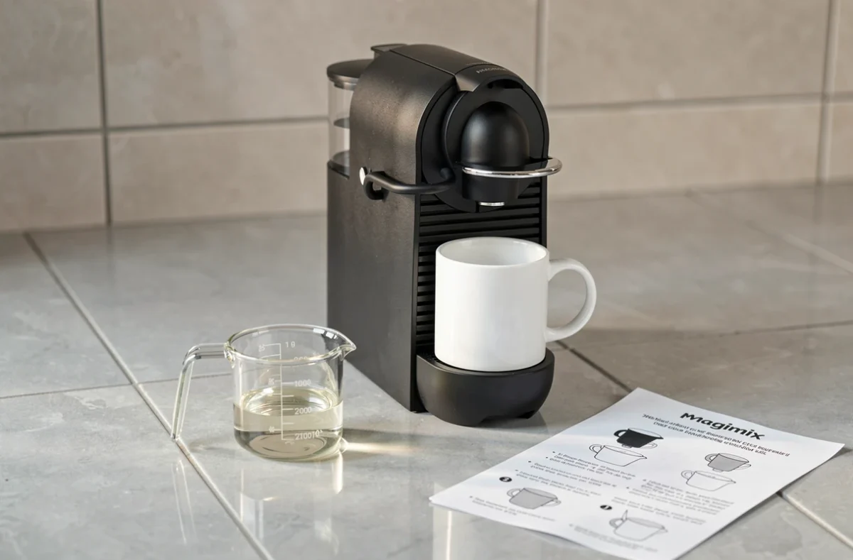Machine Nespresso Magimix avec tasse, doseur et notice de détartrage posés sur un plan de travail en céramique grise