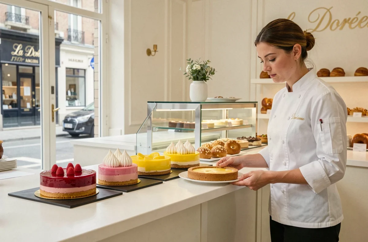 Comptoir de La Doréenne à Angers avec entremets miroir, tarte au citron meringuée et Paris-Brest disposés avec soin