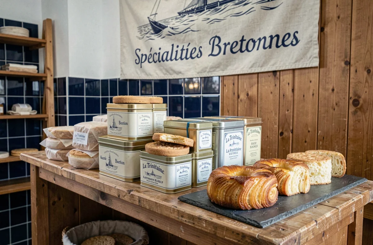 Biscuits bretons en boîtes métalliques et kouign-amann dorés sur étagère en bois chez La Trinitaine à Nantes