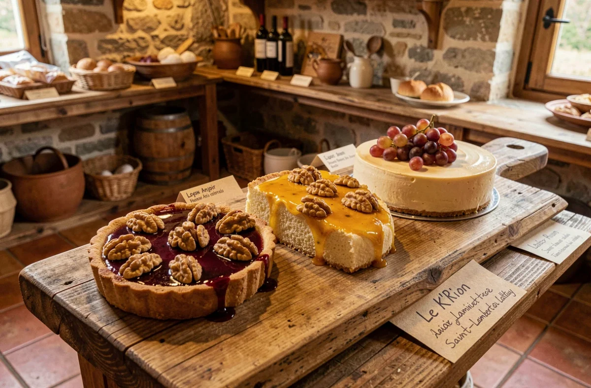Pâtisseries de terroir du K'Rion à Saint-Lambert-du-Lattay avec tarte au Layon et financiers au miel sur plateau en chêne
