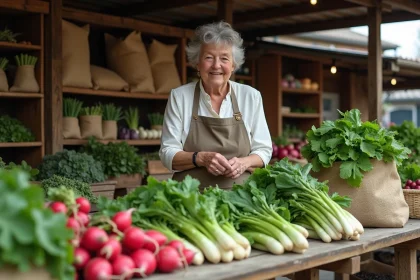 Étal de marché printanier avec légumes de saison d'avril : asperges, radis, épinards et petits pois frais